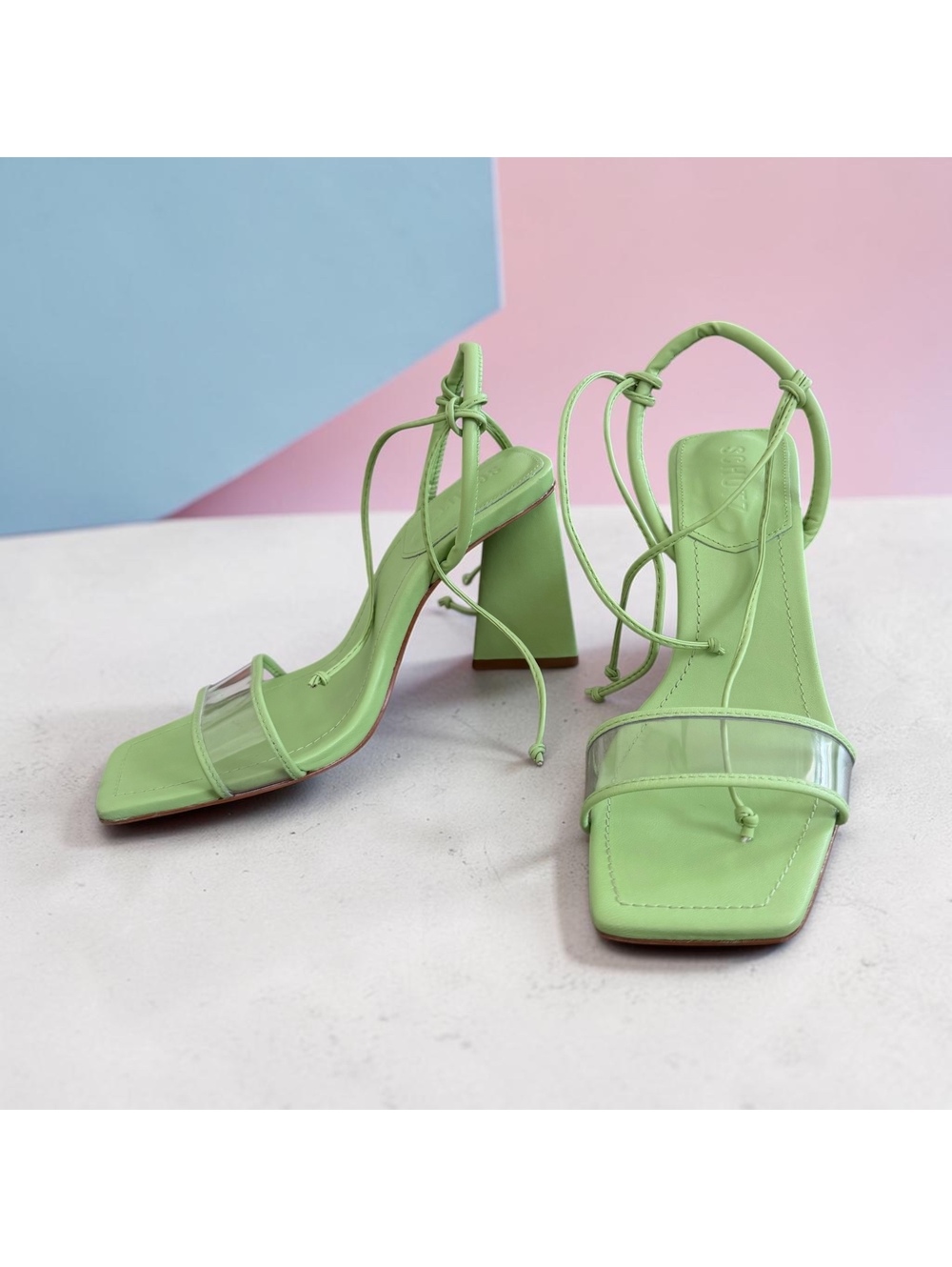 Schutz Lime Green Block Heel Sandals with Clear Strap | Ankle Tie Size 7.5